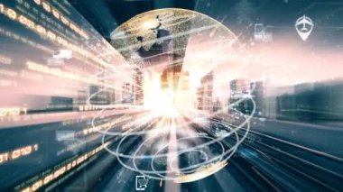 Çevrimiçi trafik kontrol sistemi olan sessiz ve fütürist bir şehirde akıllı ulaşım. Yeni bilgi çağındaki küresel eğilimleri değiştiren akıllı dijital dönüşüm ve teknoloji bozulması kavramı .