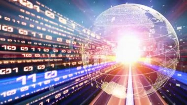 Fütürist küresel ağ ve dijital veri transferi 3D grafik. Yeni bilgi çağındaki küresel eğilimleri değiştiren akıllı dijital dönüşüm ve teknoloji bozulması kavramı .