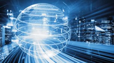 Çevrimiçi trafik kontrol sistemi olan sessiz ve fütürist bir şehirde akıllı ulaşım. Yeni bilgi çağındaki küresel eğilimleri değiştiren akıllı dijital dönüşüm ve teknoloji bozulması kavramı .