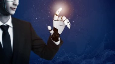 Gelecekçi robot yapay zeka devrimci yapay zeka teknoloji geliştirme ve makine öğrenme kavramı. Gelecekteki insan hayatı için küresel robotik engelleme bilimi araştırması. 3B görüntüleme grafiği.