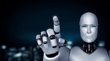 Gelecekçi robot yapay zeka yapay zeka yapay zekayı aydınlatıyor ve makine öğrenme kavramını geliştiriyor. İnsan hayatının geleceği için küresel robotik RPA bilim araştırması. 3B görüntüleme grafiği.
