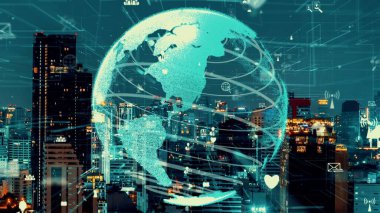 Akıllı şehirde küresel bağlantı ve internet ağı değişikliği. Gelecekteki kablosuz dijital bağlantı ve sosyal medya ağı kavramı .