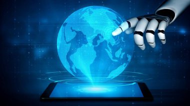 Gelecekçi robot yapay zeka yapay zeka yapay zekayı aydınlatıyor ve makine öğrenme kavramını geliştiriyor. İnsan hayatının geleceği için küresel robot biyonik bilim araştırması. 3B görüntüleme grafiği.