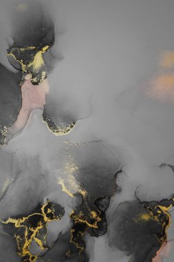 Kağıt üzerinde mermer sıvı mürekkep resimlerinin koyu altın soyut arkaplanı. Yüksek kaliteli kağıt dokusu üzerine orijinal suluboya alkol mürekkebi resmi .