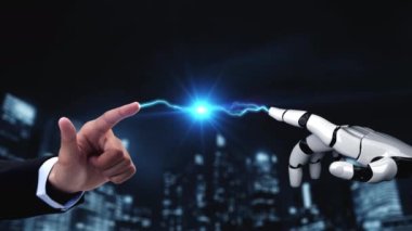 Gelecekçi robot yapay zeka yapay zeka yapay zekayı aydınlatıyor ve makine öğrenme kavramını geliştiriyor. İnsan hayatının geleceği için küresel robot biyonik bilim araştırması. 3B görüntüleme grafiği.
