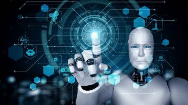 Gelecekçi robot yapay zeka yapay zeka yapay zekayı aydınlatıyor ve makine öğrenme kavramını geliştiriyor. İnsan hayatının geleceği için küresel robot biyonik bilim araştırması. 3B görüntüleme grafiği.