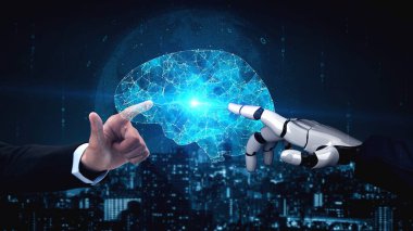 Gelecekçi robot yapay zeka yapay zeka yapay zekayı aydınlatıyor ve makine öğrenme kavramını geliştiriyor. İnsan hayatının geleceği için küresel robot biyonik bilim araştırması. 3B görüntüleme grafiği.