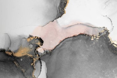 Kağıt üzerinde mermer sıvı mürekkep resminin siyah altın soyut arka planı. Yüksek kaliteli kağıt dokusu üzerine orijinal suluboya alkol mürekkebi resmi .