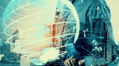 Gelecekteki bina inşaatı ve HUD hologram grafik tasarımı ile yaratıcı mühendislik projesi konsepti. İnşaat mühendisi, mimar ya da inşaat işçisi modern sivil teknoloji ile çalışıyor..