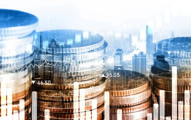 Finans ve para teknolojisi iş refahı ve varlık yönetimi kavramı. Yaratıcı grafik, refah karı elde etmek için değerli varlıklara yatırım yaparak ekonomi ve mali büyümeyi gösteriyor .