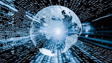 Fütürist küresel ağ ve dijital veri transferi 3D grafik. Yeni bilgi çağındaki küresel eğilimleri değiştiren akıllı dijital dönüşüm ve teknoloji bozulması kavramı .