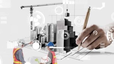 Şehir sivil planlama ve yaratıcı gayrimenkul geliştirme. Yaratıcı şehir binası tasarlamak için soyut şehir çizimine bakan mimar insanlar. Mimarlık hayali ve hırs konsepti.