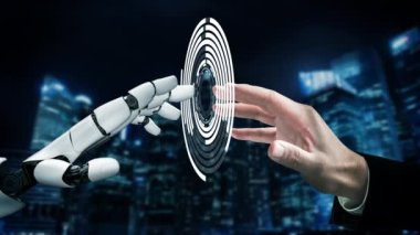 Gelecekçi robot yapay zeka devrimci yapay zeka teknoloji geliştirme ve makine öğrenme kavramı. Gelecekteki insan hayatı için küresel robotik engelleme bilimi araştırması. 3B görüntüleme grafiği.