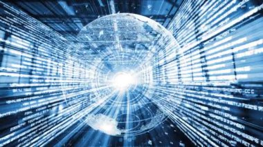 Fütürist küresel ağ ve dijital veri transferi 3D grafik. Yeni bilgi çağındaki küresel eğilimleri değiştiren akıllı dijital dönüşüm ve teknoloji bozulması kavramı .