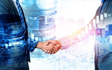 Ekonomik refah ve para teknolojisinin varlık geçmişi üzerine iş tokalaşması. Değerli borsaya yatırım yaparak ekonomik ve finansal büyüme ile refah kar birimi ticareti elde edilir