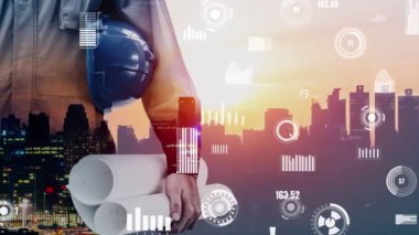 Gelecekteki bina inşaatı ve HUD hologram grafik tasarımı ile yaratıcı mühendislik projesi konsepti. İnşaat mühendisi, mimar ya da inşaat işçisi modern sivil teknoloji ile çalışıyor..