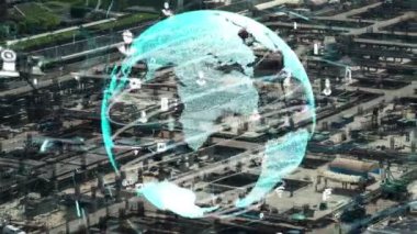 Otomasyon konseptini ve uzaktan kablosuz makine kontrolünü gösteren bir bilgisayar yazılımında fütüristik HUD kullanarak inşaat teknolojisi konsepti üzerinde değişiklik grafiği içeren konsept .