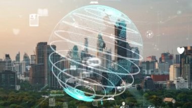 Akıllı şehirde küresel bağlantı ve internet ağı değişikliği. Gelecekteki kablosuz dijital bağlantı ve sosyal medya ağı kavramı .