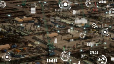 Otomasyon konseptini ve uzaktan kablosuz makine kontrolünü gösteren bir bilgisayar yazılımında fütüristik HUD kullanarak inşaat teknolojisi konsepti üzerinde değişiklik grafiği içeren konsept .