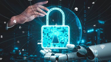 Gelecekçi robot yapay zeka yapay zeka yapay zekayı aydınlatıyor ve makine öğrenme kavramını geliştiriyor. İnsan hayatının geleceği için küresel robot biyonik bilim araştırması. 3B görüntüleme grafiği.