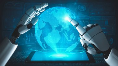 Gelecekçi robot yapay zeka yapay zeka yapay zekayı aydınlatıyor ve makine öğrenme kavramını geliştiriyor. İnsan hayatının geleceği için küresel robot biyonik bilim araştırması. 3B görüntüleme grafiği.