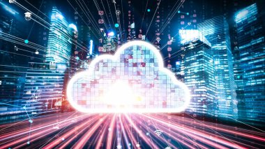 Akıllı paylaşım yazılımıyla bulut bilgisayarı ve çevrimiçi veri depolama. Yeni bilgi çağındaki küresel eğilimleri değiştiren akıllı dijital dönüşüm ve teknoloji bozulması kavramı .