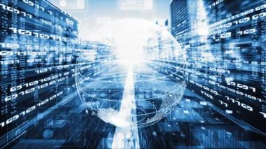 Fütürist küresel ağ ve dijital veri transferi 3D grafik. Yeni bilgi çağındaki küresel eğilimleri değiştiren akıllı dijital dönüşüm ve teknoloji bozulması kavramı .