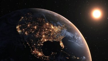 Gerçekçi coğrafya yüzeyi ve yörüngesel 3D bulut atmosferi olan Dünya gezegeni. Kıtaların dünya küresinin dış uzay görüşü. 3 boyutlu görüntüleme. Bu görüntünün elementleri NASA tarafından desteklenmektedir .