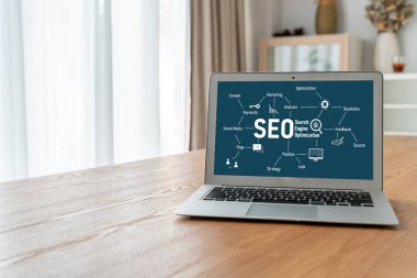 Model e-ticaret için SEO arama motoru optimizasyonu ve bilgisayar ekranında gösterilen çevrimiçi perakende işi