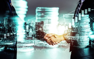 Ekonomik refah ve para teknolojisinin varlık geçmişi üzerine iş tokalaşması. Değerli borsaya yatırım yaparak ekonomik ve finansal büyüme ile refah kar birimi ticareti elde edilir