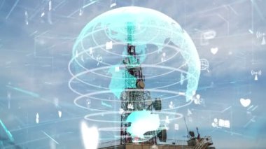 Dünya çapında internet ağı bağlantıları kavramında küresel iş değişikliğinin ve mavi gökyüzüne karşı e-ticaretin 3 boyutlu grafiğine sahip telekomünikasyon kulesi .