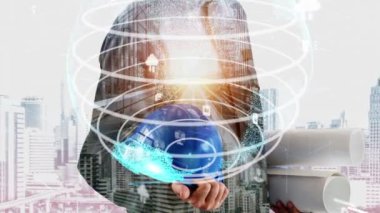 Gelecekteki bina inşaatı ve HUD hologram grafik tasarımı ile yaratıcı mühendislik projesi konsepti. İnşaat mühendisi, mimar ya da inşaat işçisi modern sivil teknoloji ile çalışıyor..