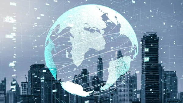 Globalne Połączenie Zmiana Sieci Internetowej Inteligentnym Mieście Koncepcja Przyszłego Bezprzewodowego — Zdjęcie stockowe