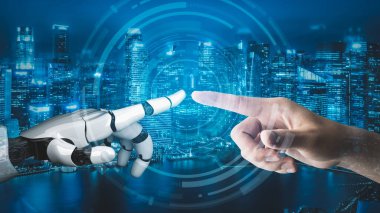 Gelecekçi robot yapay zeka devrimci yapay zeka teknoloji geliştirme ve makine öğrenme kavramı. İnsan hayatının geleceği için küresel robot biyonik bilim araştırması. 3B görüntüleme grafiği.