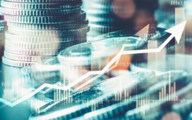 Finans ve para teknolojisi iş refahı ve varlık yönetimi kavramı. Yaratıcı grafik, refah karı elde etmek için değerli varlıklara yatırım yaparak ekonomi ve mali büyümeyi gösteriyor .