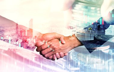 Ekonomik refah ve para teknolojisinin varlık geçmişi üzerine iş tokalaşması. Değerli borsaya yatırım yaparak ekonomik ve finansal büyüme ile refah kar birimi ticareti elde edilir