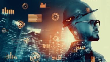 Gelecekteki bina inşaatı ve HUD hologram grafik tasarımı ile yaratıcı mühendislik projesi konsepti. İnşaat mühendisi, mimar ya da inşaat işçisi modern sivil teknoloji ile çalışıyor..