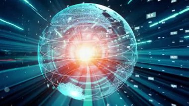 Fütürist küresel ağ ve dijital veri transferi 3D grafik. Yeni bilgi çağındaki küresel eğilimleri değiştiren akıllı dijital dönüşüm ve teknoloji bozulması kavramı .