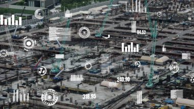 Otomasyon konseptini ve uzaktan kablosuz makine kontrolünü gösteren bir bilgisayar yazılımında fütüristik HUD kullanarak inşaat teknolojisi konsepti üzerinde değişiklik grafiği içeren konsept .