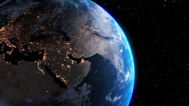 Gerçekçi coğrafya yüzeyi ve yörüngesel 3D bulut atmosferi olan Dünya gezegeni. Kıtaların dünya küresinin dış uzay görüşü. 3 boyutlu görüntüleme. Bu görüntünün elementleri NASA tarafından desteklenmektedir .