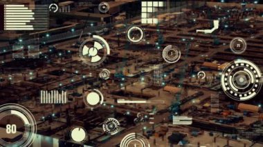 Otomasyon konseptini ve uzaktan kablosuz makine kontrolünü gösteren bir bilgisayar yazılımında fütüristik HUD kullanarak inşaat teknolojisi konsepti üzerinde değişiklik grafiği içeren konsept .