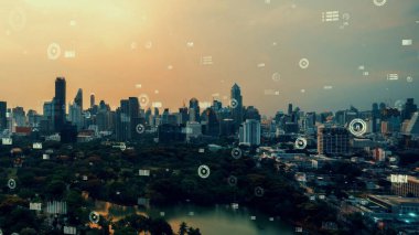 İş verileri analitik arayüzü akıllı şehrin üzerinde uçuyor ve iş zekasının geleceğini değiştiriyor. Stratejik plan için büyük verileri analiz etmek için bilgisayar yazılımı ve yapay zeka kullanılır .