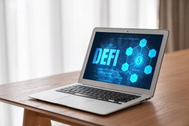 Model bilgisayar ekranında merkezi olmayan finans veya DeFi kavramı. Defi sistemi yeni yatırım ve tasarruf seçenekleri sunuyor .