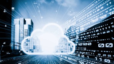 Akıllı paylaşım yazılımıyla bulut bilgisayarı ve çevrimiçi veri depolama. Yeni bilgi çağındaki küresel eğilimleri değiştiren akıllı dijital dönüşüm ve teknoloji bozulması kavramı .