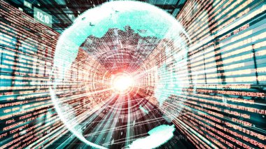 Fütürist küresel ağ ve dijital veri transferi 3D grafik. Yeni bilgi çağındaki küresel eğilimleri değiştiren akıllı dijital dönüşüm ve teknoloji bozulması kavramı .