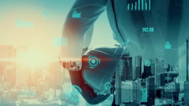 Gelecekteki bina inşaatı ve HUD hologram grafik tasarımı ile yaratıcı mühendislik projesi konsepti. İnşaat mühendisi, mimar ya da inşaat işçisi modern sivil teknoloji ile çalışıyor..