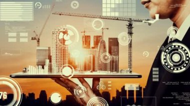 Yenilikçi mimari ve yaratıcı inşaat mühendisliği inşaat projesi. Mimar, işçi ve mühendis tarafından yapılan yaratıcı grafik tasarımı altyapı şehir binası kavramını gösteriyor.