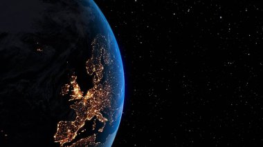 Gerçekçi coğrafya yüzeyi ve yörüngesel 3D bulut atmosferi olan Dünya gezegeni. Kıtaların dünya küresinin dış uzay görüşü. 3 boyutlu görüntüleme. Bu görüntünün elementleri NASA tarafından desteklenmektedir .