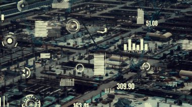 Otomasyon konseptini ve uzaktan kablosuz makine kontrolünü gösteren bir bilgisayar yazılımında fütüristik HUD kullanarak inşaat teknolojisi konsepti üzerinde değişiklik grafiği içeren konsept .