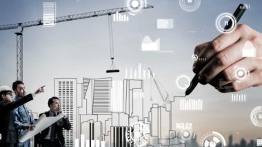 Şehir sivil planlama ve yaratıcı gayrimenkul geliştirme. Yaratıcı şehir binası tasarlamak için soyut şehir çizimine bakan mimar insanlar. Mimarlık hayali ve hırs konsepti.